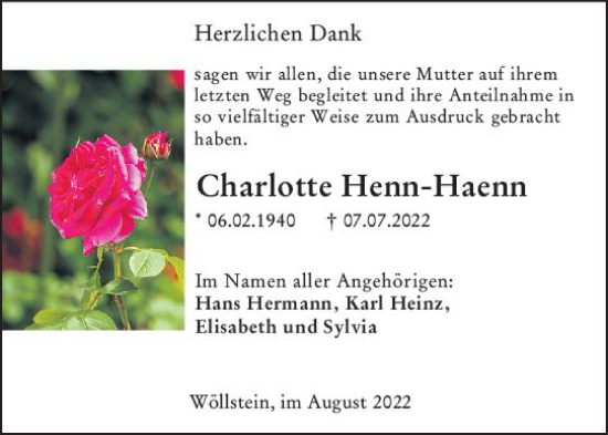 Traueranzeige von Charlotte Henn-Haenn von vrm-trauer AZ Mainz