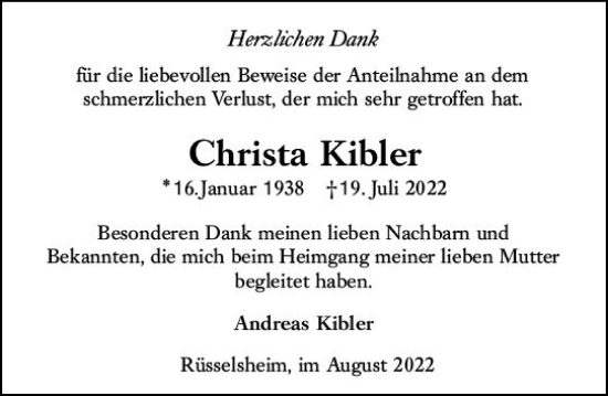 Traueranzeige von Christa Kibler von vrm-trauer Rüsselsheimer Echo / MainSpitze