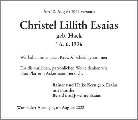 Traueranzeige von Christel Lillith Esaias von vrm-trauer Wiesbadener Kurier