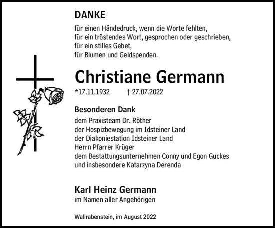 Traueranzeige von Christiane Germann von vrm-trauer Idsteiner Zeitung