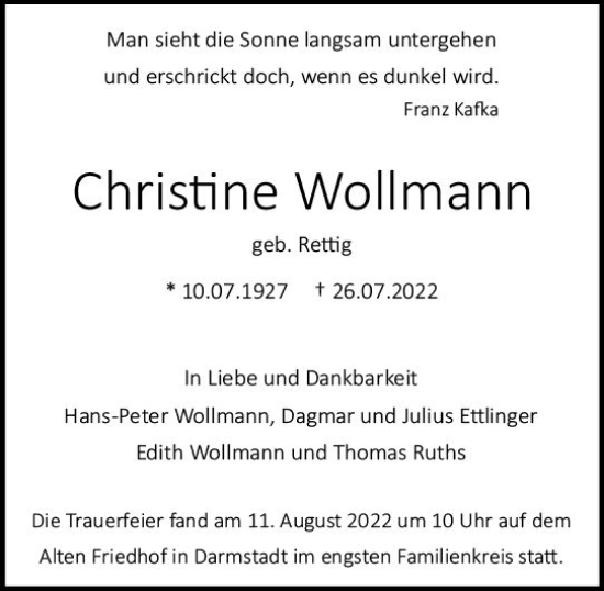 Traueranzeige von Christine Wollmann von vrm-trauer Darmstädter Echo
