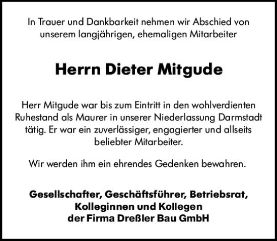 Traueranzeige von Dieter Mitgude von vrm-trauer Odenwälder Echo