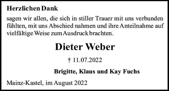 Traueranzeige von Dieter Weber von vrm-trauer Wiesbadener Kurier