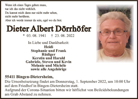 Traueranzeige von Dieter Albert Dörrhöfer von vrm-trauer Allgemeine  Zeitung Ingelheim-Bingen