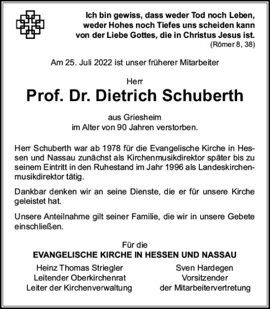 Traueranzeige von Dietrich Schuberth von vrm-trauer Darmstädter Echo