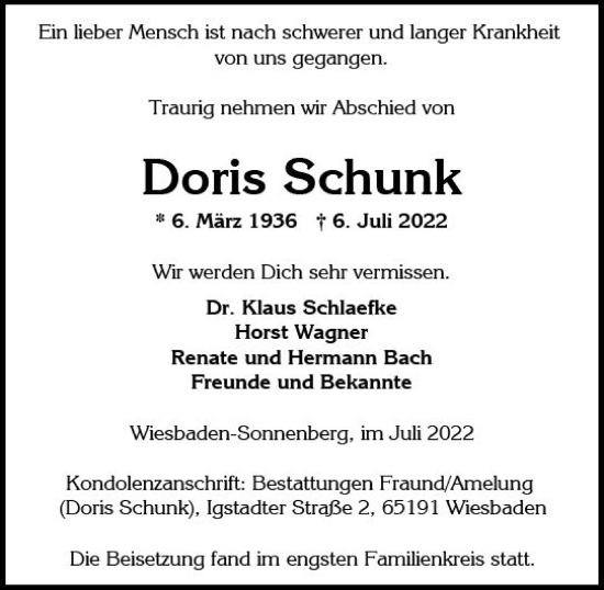 Traueranzeige von Doris Schunk von vrm-trauer Wiesbadener Kurier