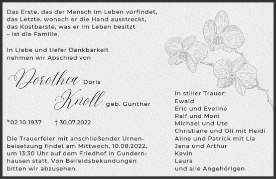 Traueranzeige von Dorothea Doris Knoll von vrm-trauer Darmstädter Echo