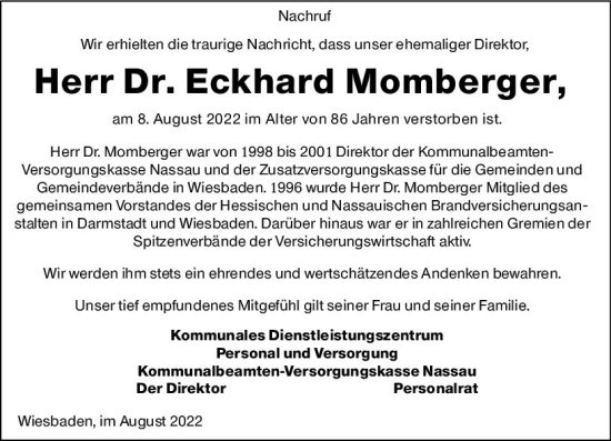 Traueranzeige von Eckhard Momberger von vrm-trauer Wiesbadener Kurier