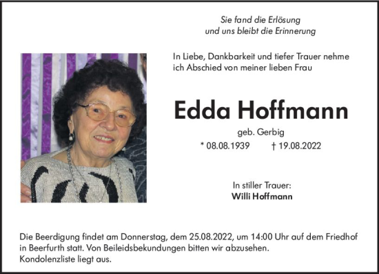 Traueranzeige von Edda Hoffmann von vrm-trauer Odenwälder Echo