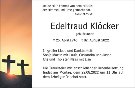 Traueranzeige von Edeltraud Klöcker von vrm-trauer Darmstädter Echo