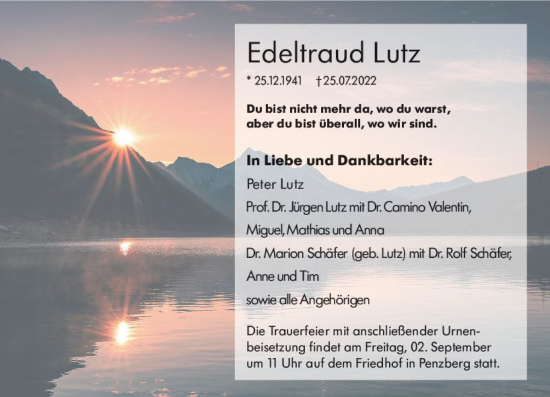 Traueranzeige von Edeltraud Lutz von vrm-trauer AZ Mainz