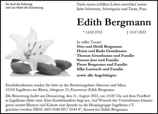 Traueranzeige von Edith Bergmann von vrm-trauer Allgemeine  Zeitung Ingelheim-Bingen