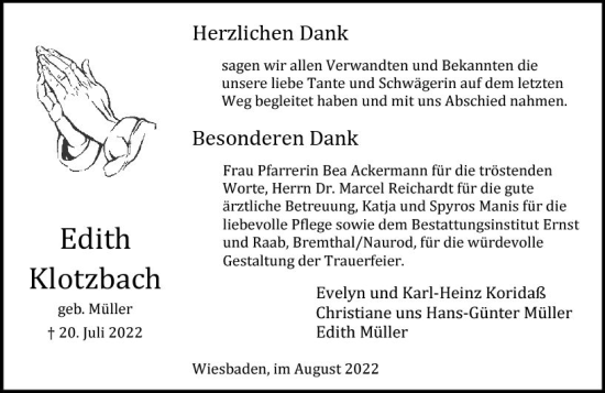 Traueranzeige von Edith Klotzbach von vrm-trauer Wiesbadener Kurier