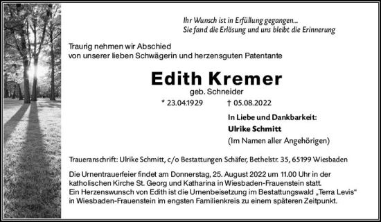 Traueranzeige von Edith Kremer von vrm-trauer Wiesbadener Kurier
