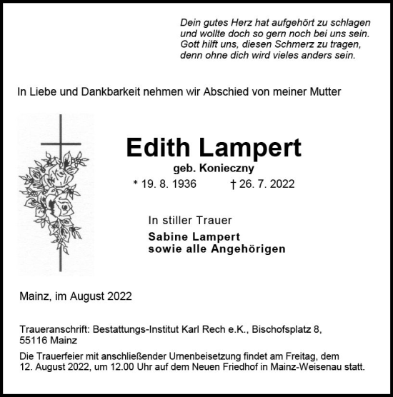 Traueranzeige von Edith Lampert von vrm-trauer AZ Mainz