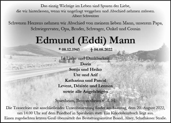 Traueranzeige von Edmund Mann von vrm-trauer Allgemeine Zeitung Alzey