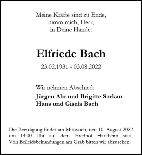 Traueranzeige von Elfriede Bach von vrm-trauer AZ Mainz