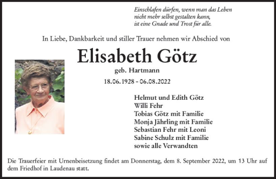 Traueranzeige von Elisabeth Götz von vrm-trauer Bergsträßer Anzeiger