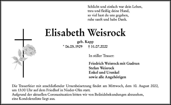Traueranzeige von Elisabeth Weisrock von vrm-trauer AZ Mainz