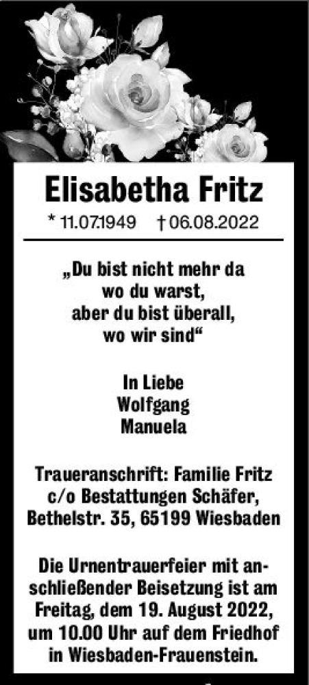 Traueranzeige von Elisabetha Fritz von vrm-trauer Wiesbadener Kurier