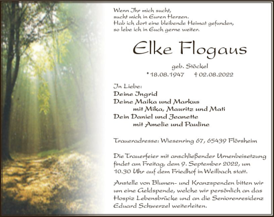 Traueranzeige von Elke Flogaus von vrm-trauer Rüsselsheimer Echo / MainSpitze