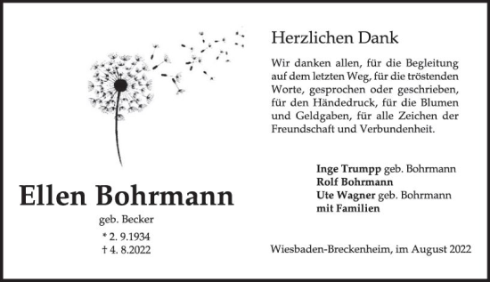 Traueranzeige von Ellen Bohrmann von vrm-trauer Wiesbadener Kurier