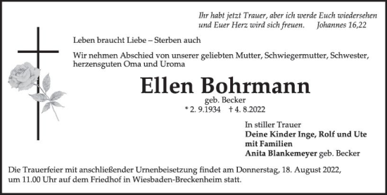 Traueranzeige von Ellen Bohrmann von vrm-trauer Wiesbadener Kurier