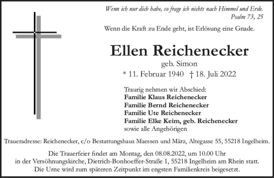 Traueranzeige von Ellen Reichenecker von vrm-trauer Allgemeine  Zeitung Ingelheim-Bingen