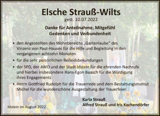 Traueranzeige von Elsche Strauß-Wilts von vrm-trauer Idsteiner Zeitung