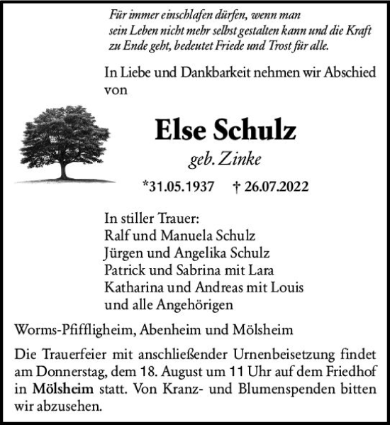 Traueranzeige von Else Schulz von vrm-trauer Wormser Zeitung