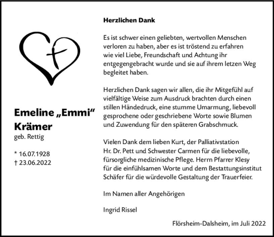 Traueranzeige von Emeline  Krämer von vrm-trauer Wormser Zeitung