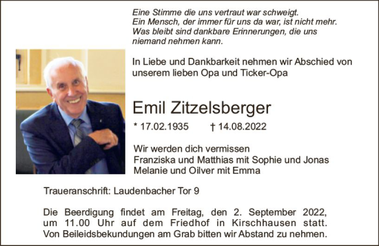 Traueranzeige von Emil Zitzelsberger von vrm-trauer Bürstädter/Lamperth. Ztg/Starkenburger