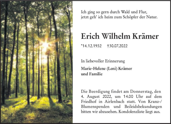 Traueranzeige von Erich Wilhelm Krämer von vrm-trauer Odenwälder Echo
