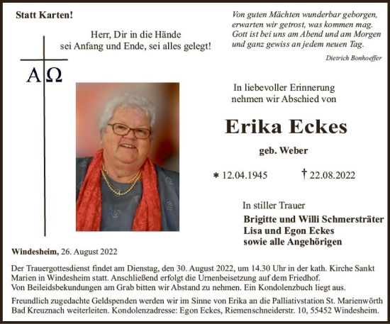Traueranzeige von Erika Eckes von vrm-trauer Allg. Zeitung Bad Kreuznach