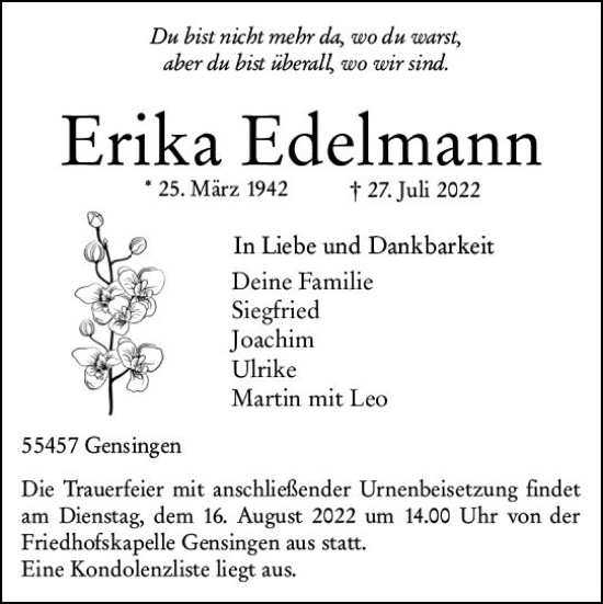 Traueranzeige von Erika Edelmann von vrm-trauer Allgemeine  Zeitung Ingelheim-Bingen