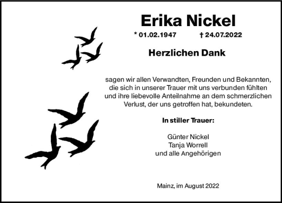 Traueranzeige von Erika Nickel von vrm-trauer AZ Mainz