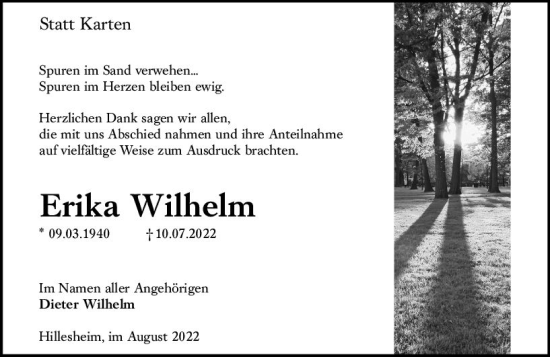 Traueranzeige von Erika Wilhelm von vrm-trauer AZ Mainz