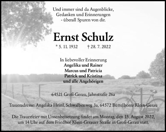 Traueranzeige von Ernst Schulz von vrm-trauer Groß-Gerauer Echo