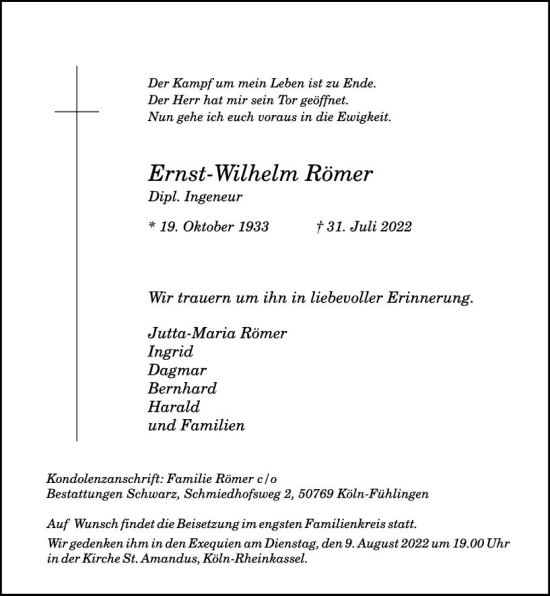 Traueranzeige von Ernst-Wilhelm Römer von vrm-trauer Allg. Zeitung Bad Kreuznach