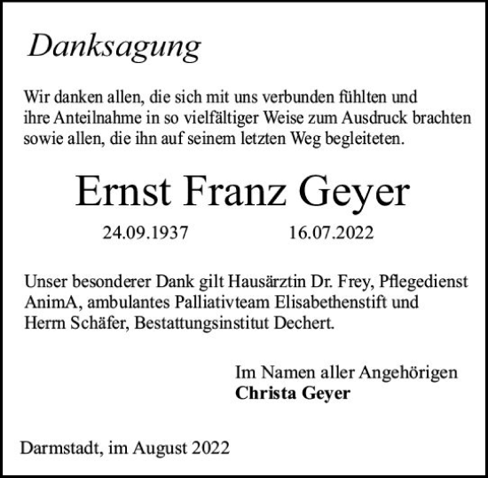 Traueranzeige von Ernst Franz Geyer von vrm-trauer Darmstädter Echo