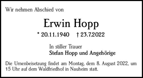 Traueranzeige von Erwin Hopp von vrm-trauer Rüsselsheimer Echo / MainSpitze