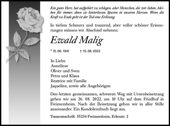 Traueranzeige von Ewald Malig von vrm-trauer Allgemeine Zeitung Alzey