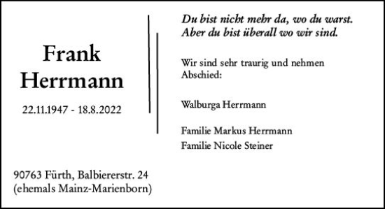 Traueranzeige von Frank Herrmann von vrm-trauer AZ Mainz