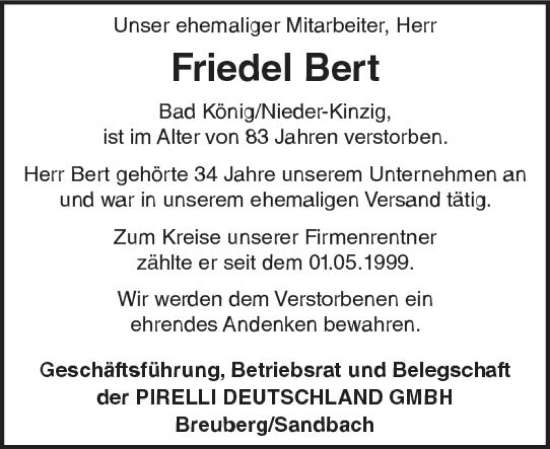 Traueranzeige von Friedel Bert von vrm-trauer Odenwälder Echo