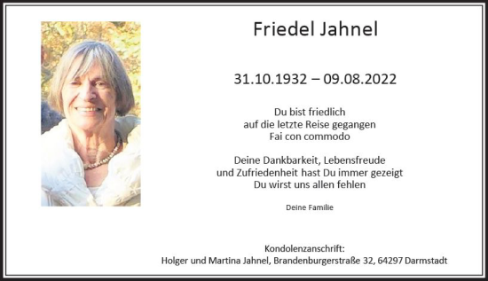 Traueranzeige von Friedel Jahnel von vrm-trauer Darmstädter Echo