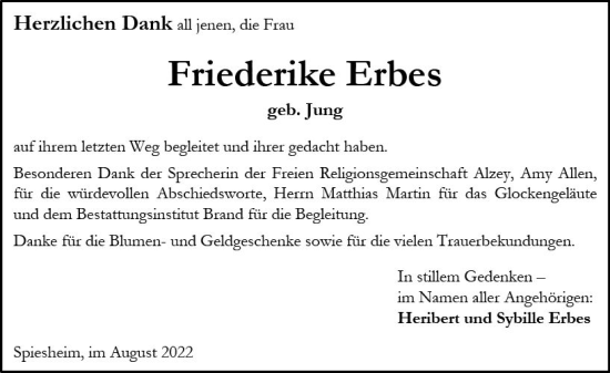 Traueranzeige von Friederike Erbes von vrm-trauer Allgemeine Zeitung Alzey