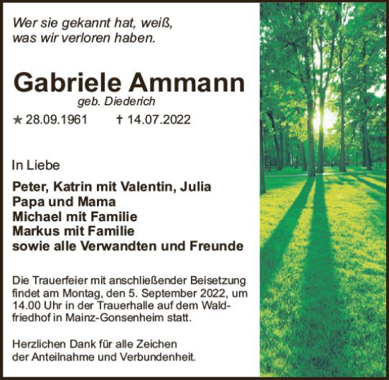 Traueranzeige von Gabriele Ammann von vrm-trauer AZ Mainz