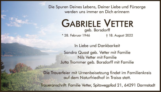 Traueranzeige von Gabriele Vetter von vrm-trauer Darmstädter Echo