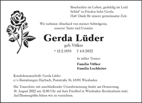 Traueranzeige von Gerda Lüder von vrm-trauer Wiesbadener Kurier