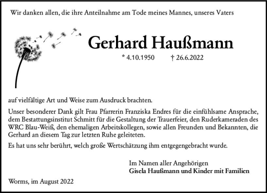 Traueranzeige von Gerhard Haußmann von vrm-trauer Wormser Zeitung